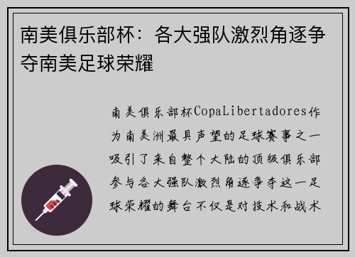 南美俱乐部杯：各大强队激烈角逐争夺南美足球荣耀